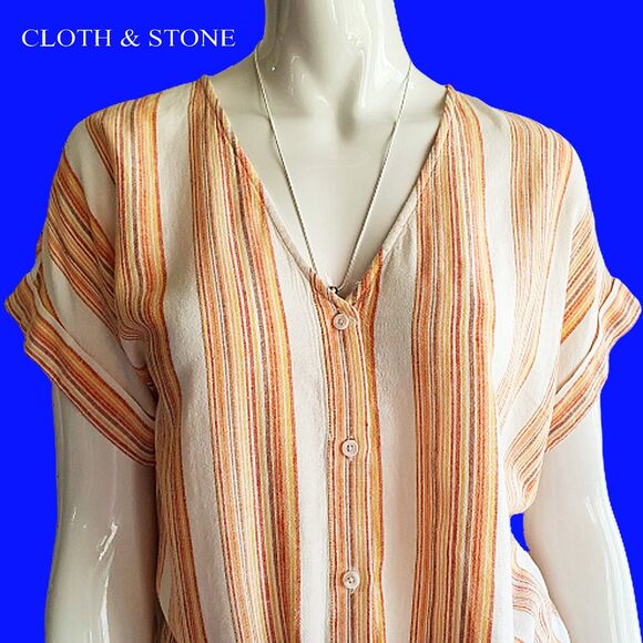CLOTH & STONE NEW Linen Stripe V-Neck Tie Cuff Sleeve Crop Top M - Picture 6 of 12